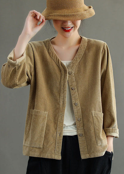 Khaki Button V Neck Corduroy Coats Spring