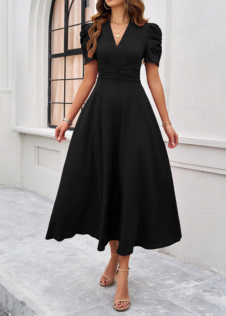 Red V Neck Wrinkled Cotton Long Dress Summer