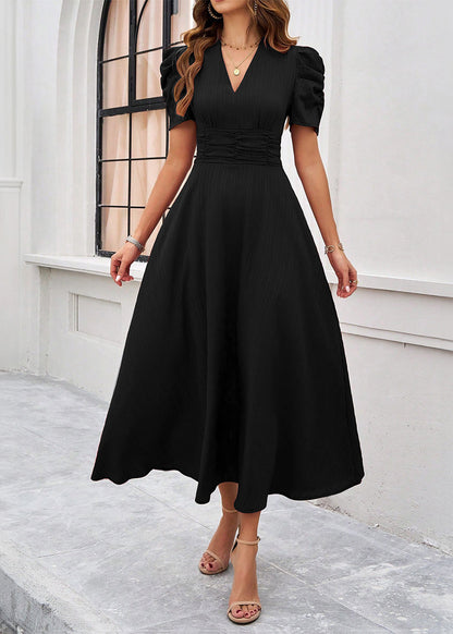Red V Neck Wrinkled Cotton Long Dress Summer