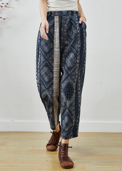 Diy Navy Oversized Print Fine Cotton Filled Harem Pants Winter