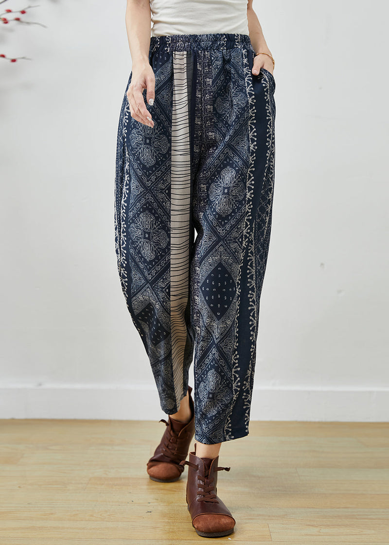 Diy Navy Oversized Print Fine Cotton Filled Harem Pants Winter