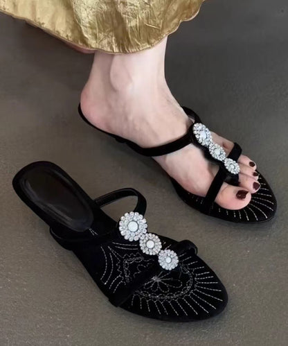 Black Wedge Suede Zircon Splicing Slide Sandals