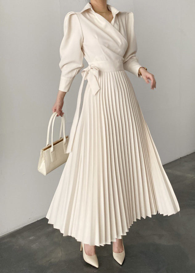 New Beige Puff Sleeve Peter Pan Collar Wrinkled Cotton Long Dress