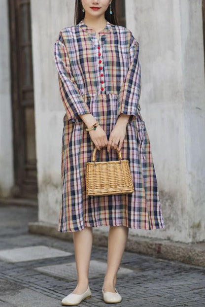 -new Cotton Linen Plaid Dress Long Skirt