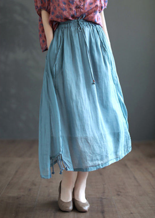 Khaki Patchwork Elastic Waist Ramie a Line Skirts Summer
