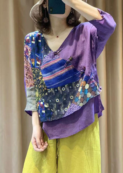 Purple Chinese Button Print Patchwork Cotton Shirt Tops Summer