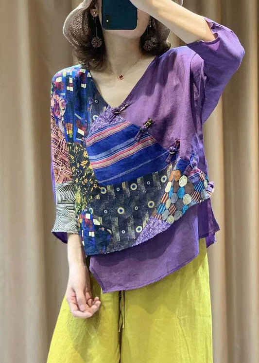 Purple Chinese Button Print Patchwork Cotton Shirt Tops Summer