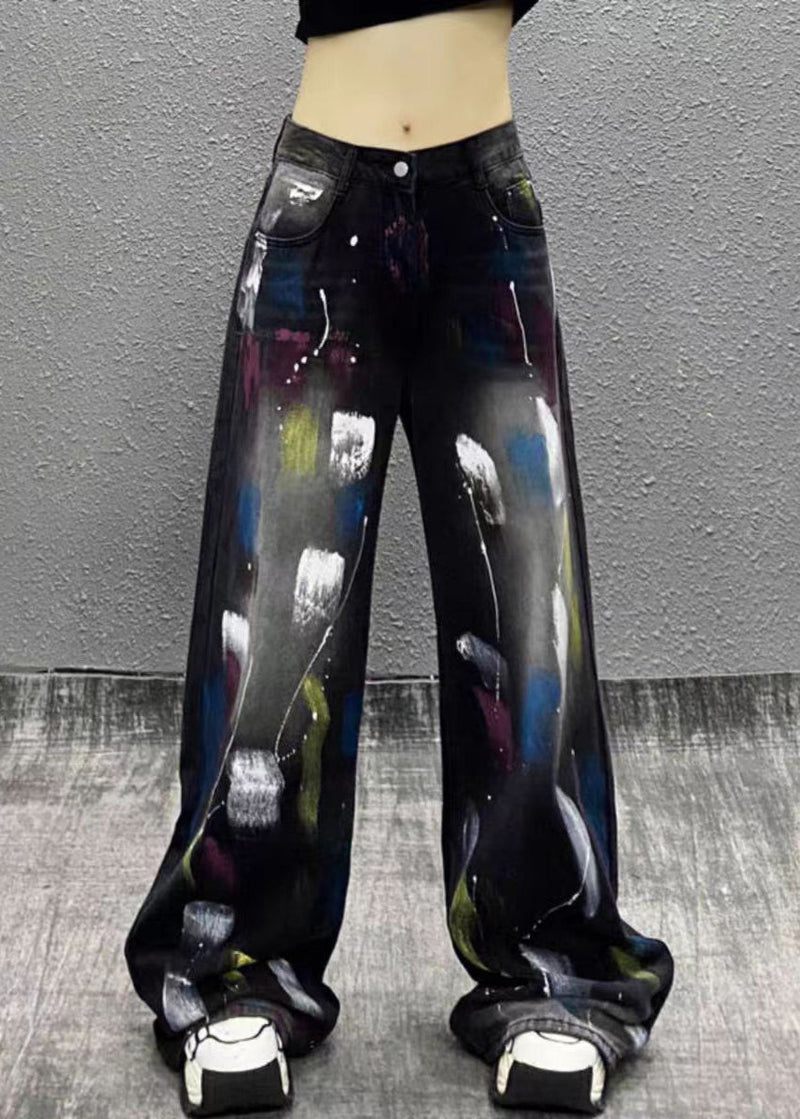 Stylish Black Graffiti High Waist Denim Wide Leg Pants Fall