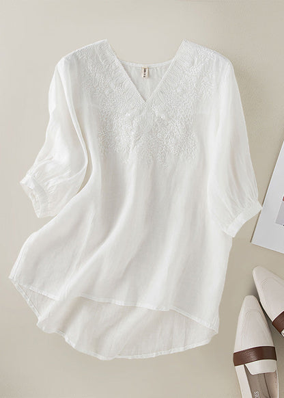 Diy Orange V Neck Embroidered Low High Design Linen Top Half Sleeve