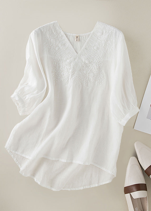 Diy Orange V Neck Embroidered Low High Design Linen Top Half Sleeve