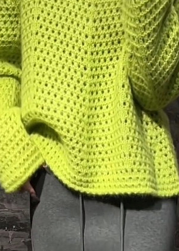 Vogue Green O-neck Hollow Out Cotton Knit Sweater Fall