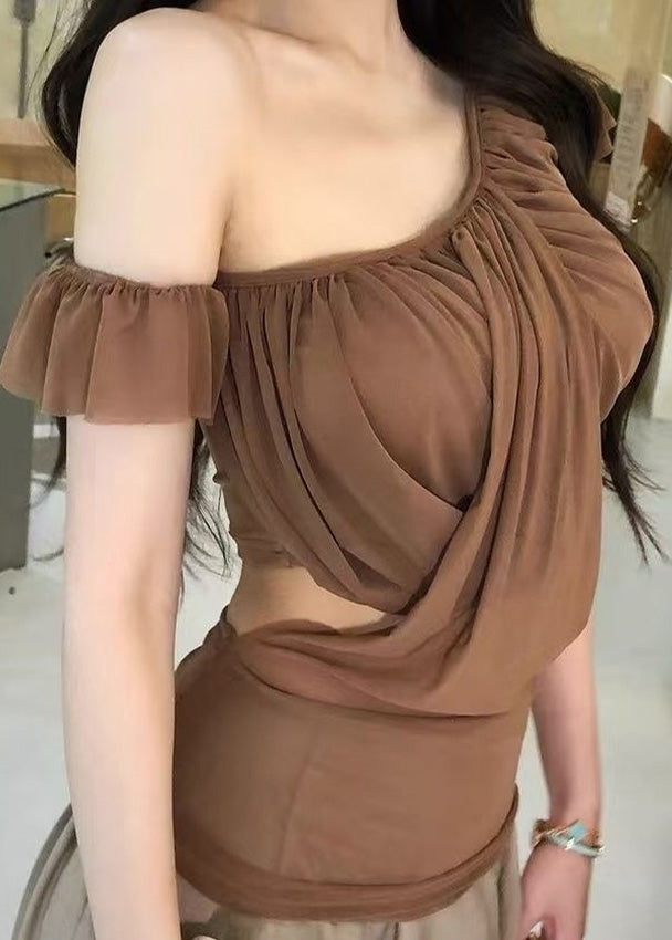 Brown Asymmetrical Cold Shoulder Tulle Top Summer