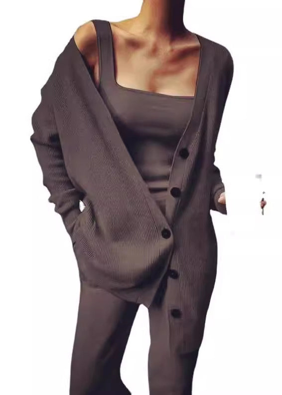 Black V Neck Button Knit Three Pieces Set Fall