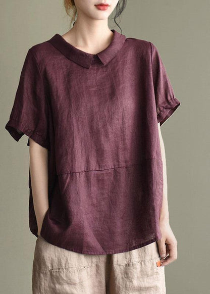 Simple Print2 Peter Pan Collar Patchwork Summer Linen Blouses