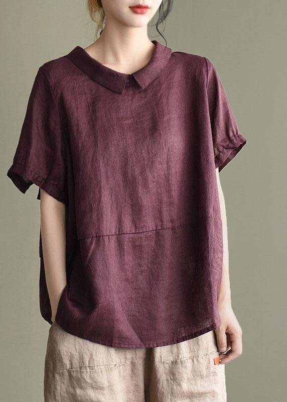 Simple Print3 Peter Pan Collar Patchwork Summer Linen Blouses