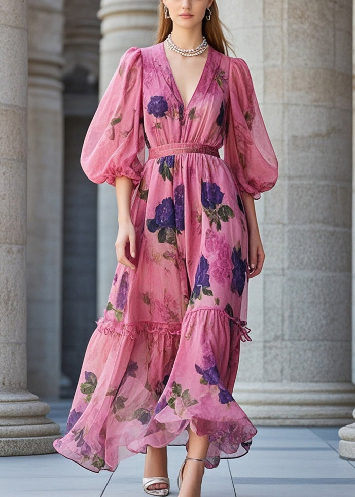 Rose Cinched Print Chiffon Robe Dresses Summer