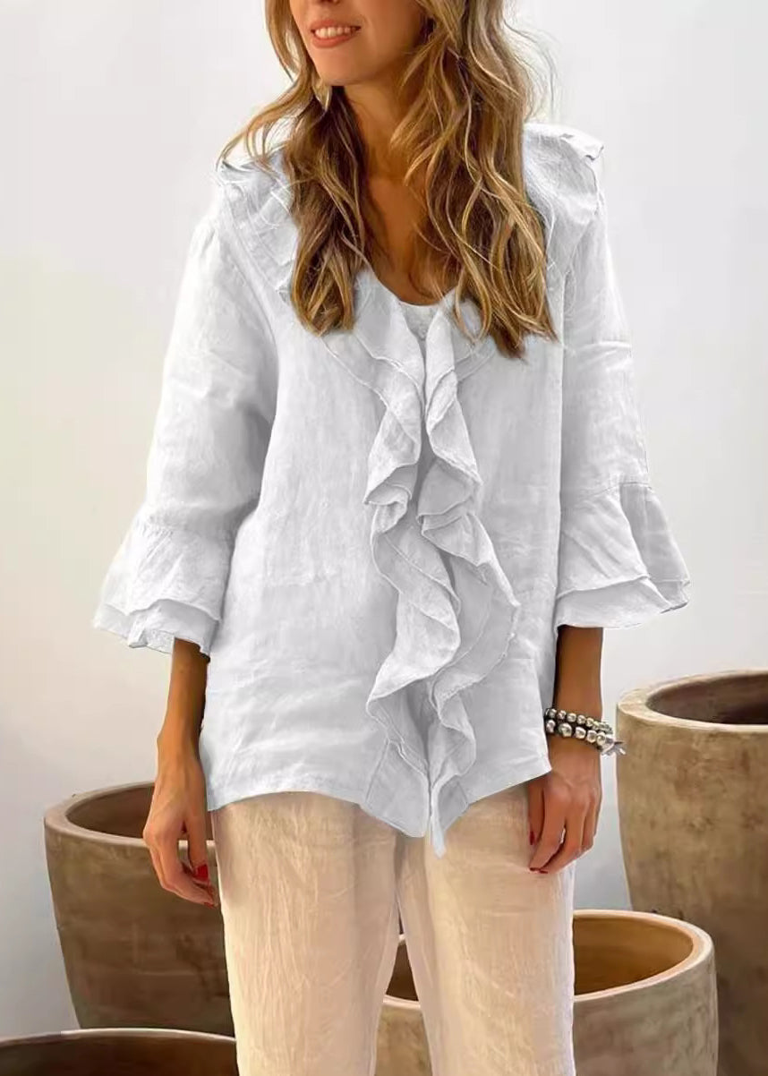 Blue V Neck Ruffled Patchwork Cotton Shirt Tops Spring
