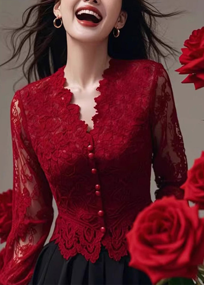 French Red V Neck Slim Fit Lace Shirt Tops Spring