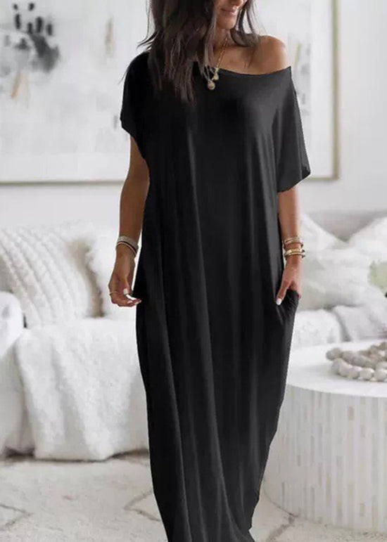 Simple White Slash Neck Cotton Long Dress Batwing Sleeve