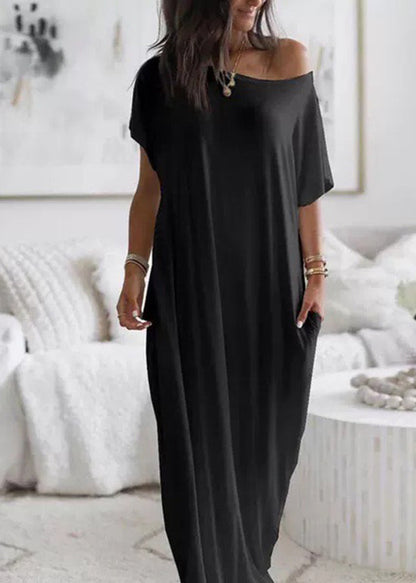 Simple White Slash Neck Cotton Long Dress Batwing Sleeve
