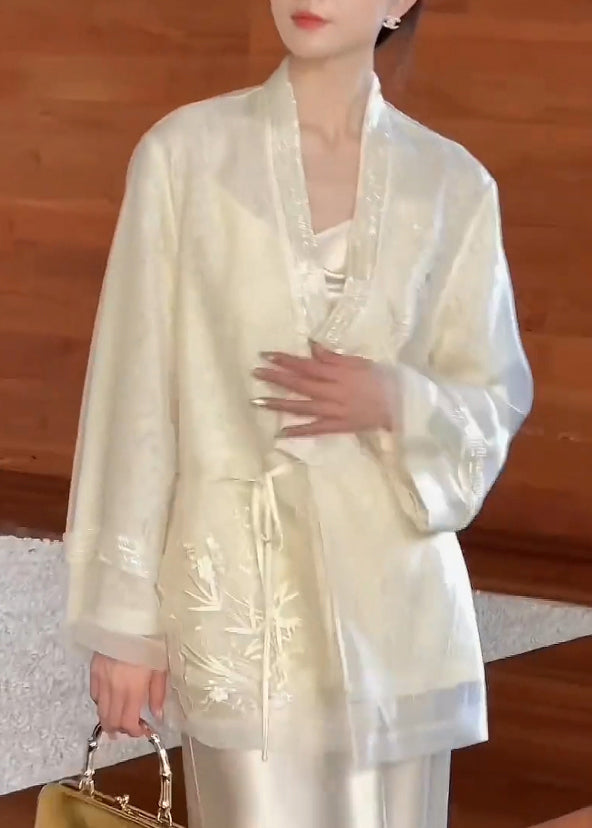 Beige V Neck Embroidered Lace Up Silk Cardigan Spring