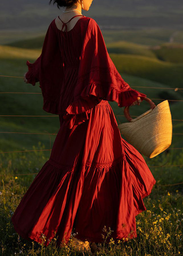 Handmade Red Square Collar Patchwork Maxi Dresses Flare Sleeve