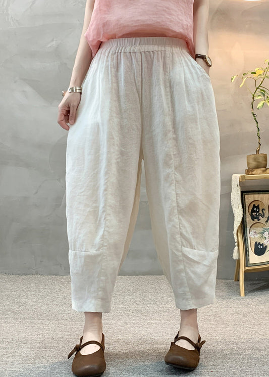 White Elastic Waist Linen Harem Pants Summer