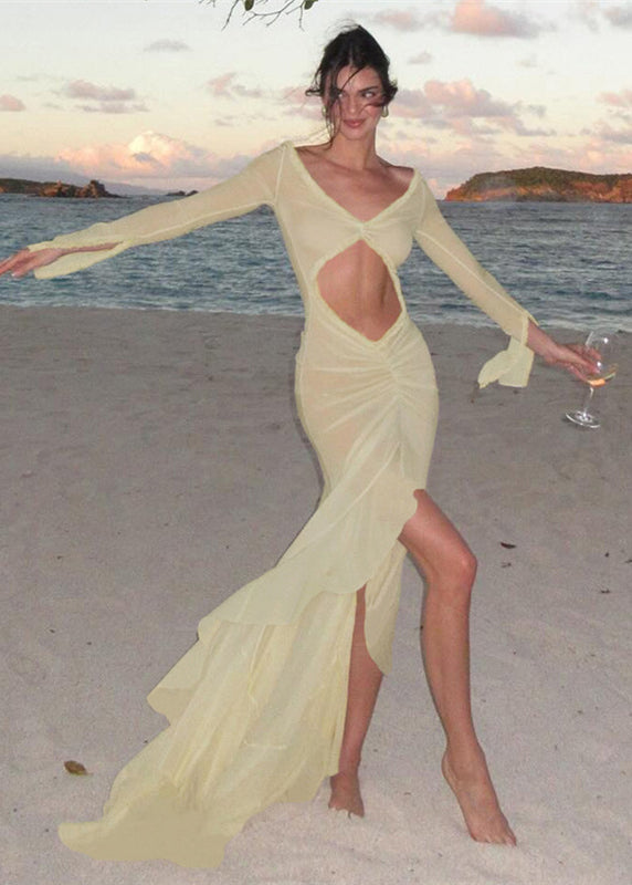 Apricot V Neck Sheer Hollow Out Maxi Dress Long Sleeve