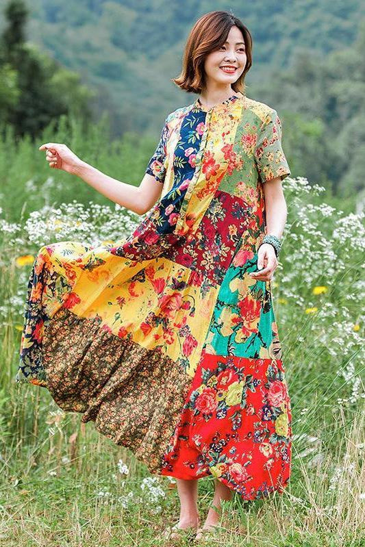 Print Splicing Short Sleeve 100% Cotton Dress