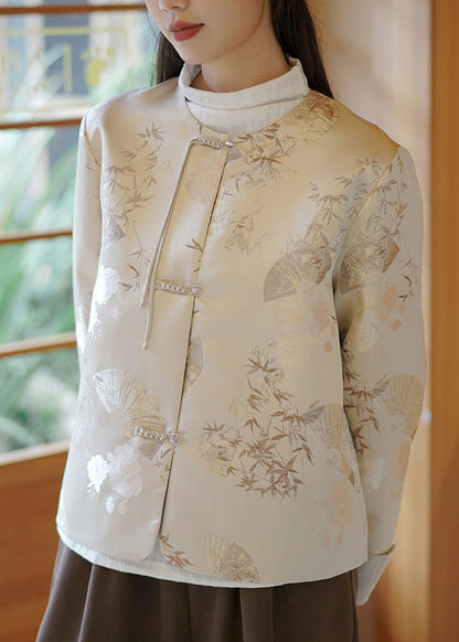 Chinese Style Beige Jacquard Oriental Button Silk Coat Spring