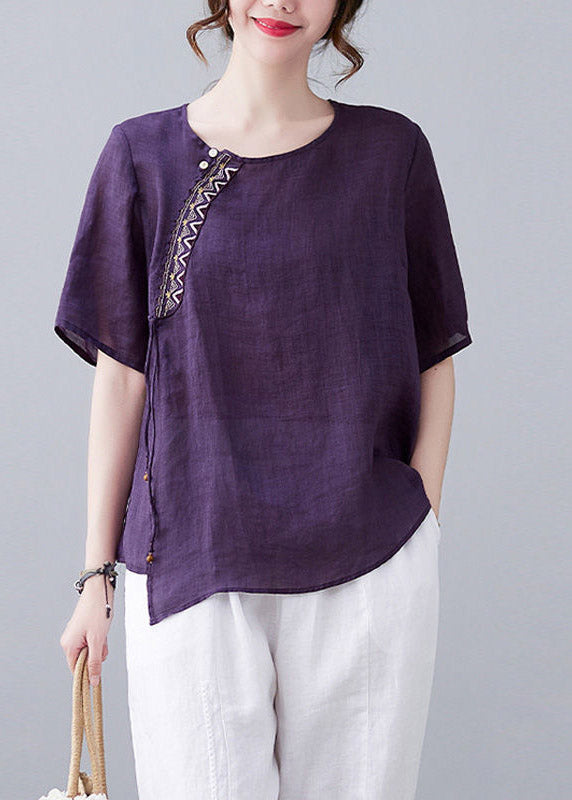 Purple O-neck Patchwork Linen T Shirt Short Sleeve