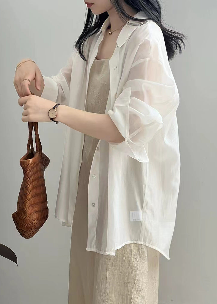 New White Lace Up Button Silk Shirt Long Sleeve