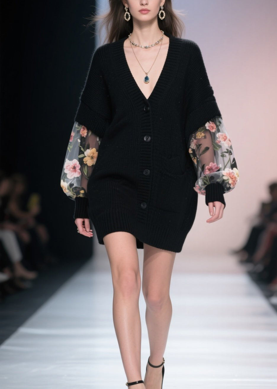 Black V Neck Button Tulle Patchwork Knit Loose Coat Fall