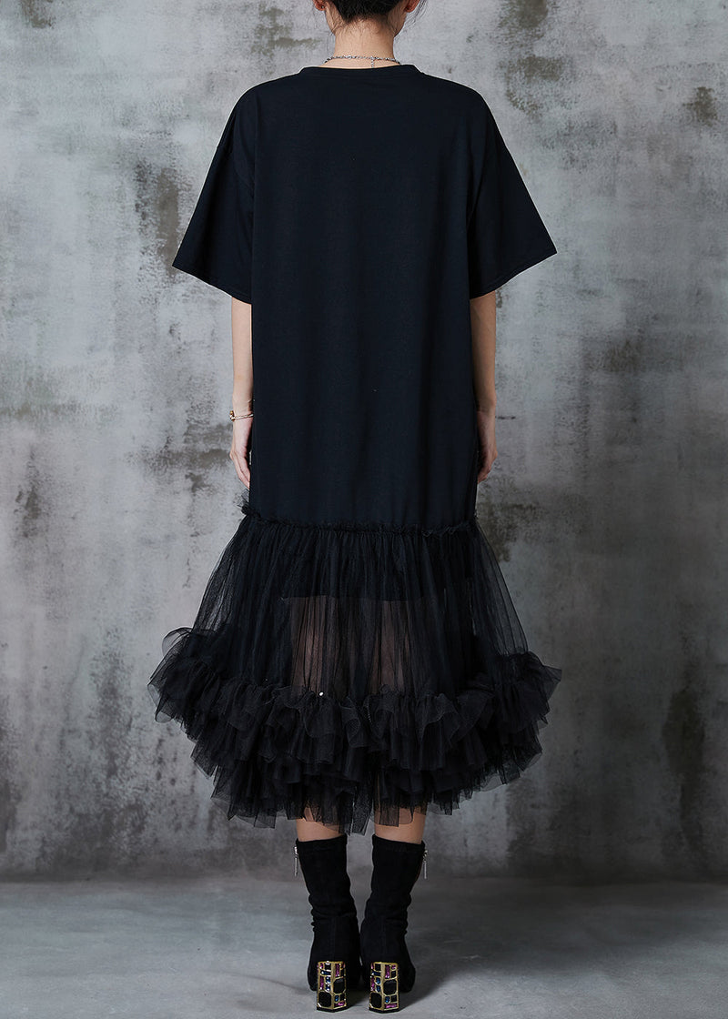 Black Oversized Patchwork Cotton Party Dress Summer