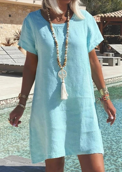 Loose Blue O-neck Cotton Mid Dress Summer