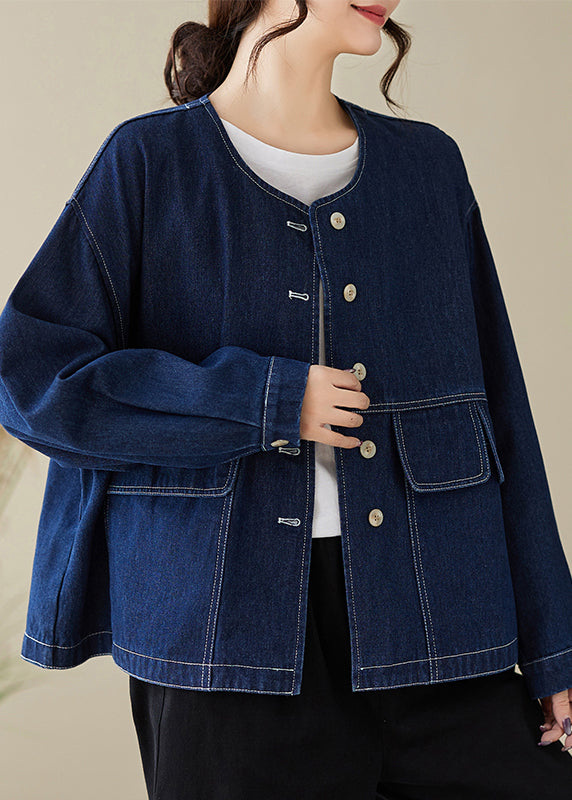 Blue O Neck Button Denim Coats Spring