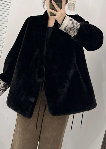 Style Black V Neck Tie Waist Patchwork Leather and Fur Coats Winter