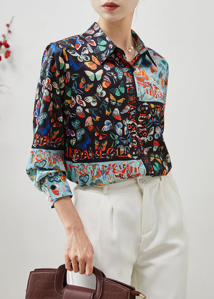 Black Peter Pan Collar Butterfly Silk Shirts Summer
