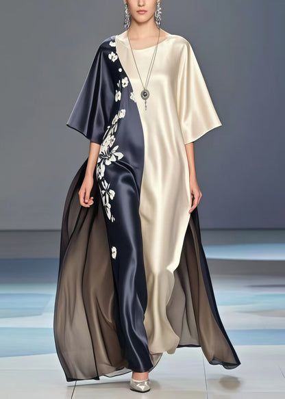 Colorblock Print Exra Large Hem Silk Long Dresses Summer