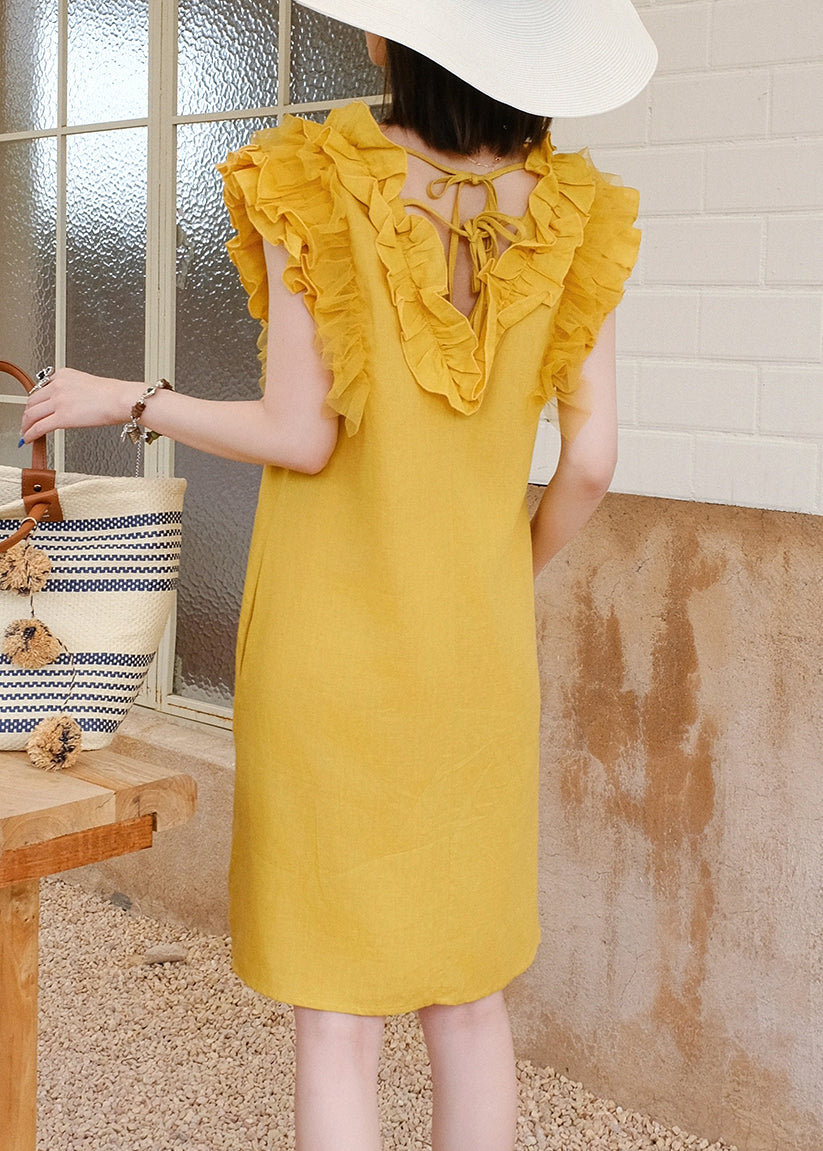 Yellow V Neck Ruffled Tulle Patchwork Mid Dress Sleeveless
