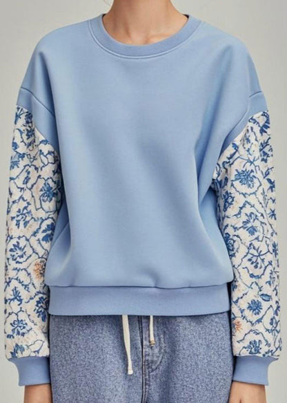 Blue O Neck Print Patchwork Cotton Pullover Sweatshirt Fall