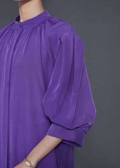Purple Stand Collar Puff Sleeve Cotton Sundress