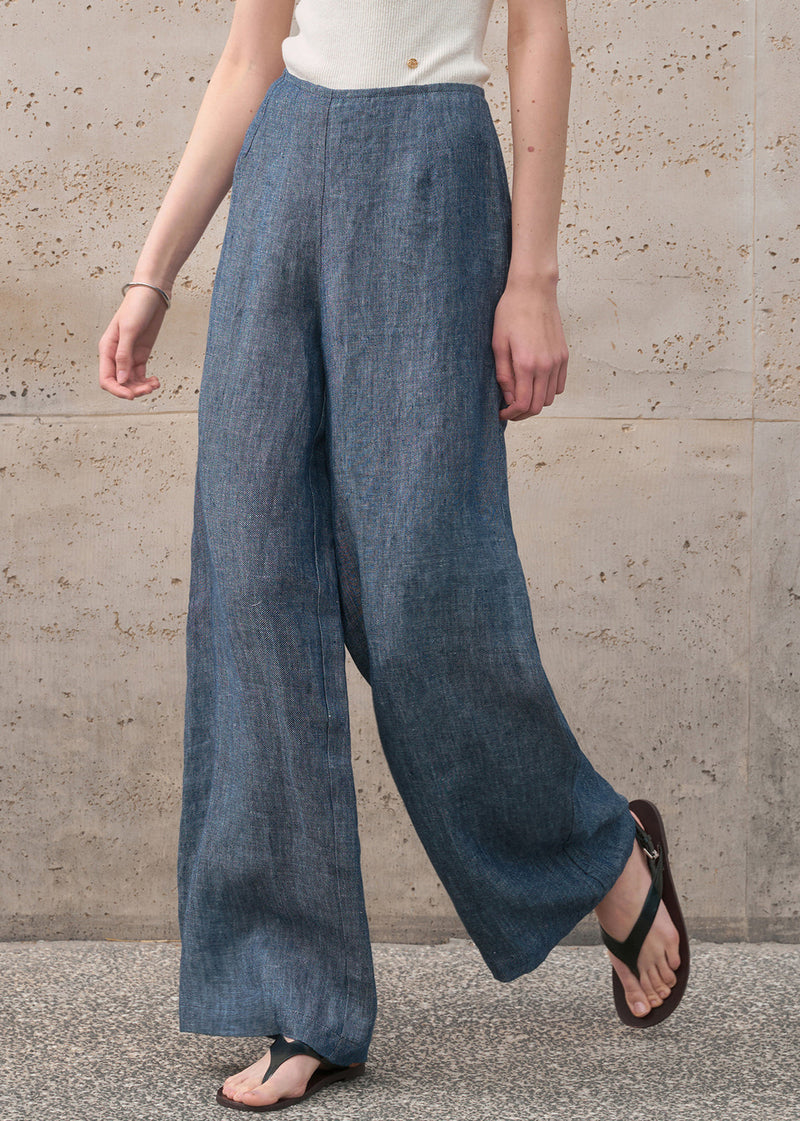 Blue Zippered Versatile Linen Wide Leg Pants Summer