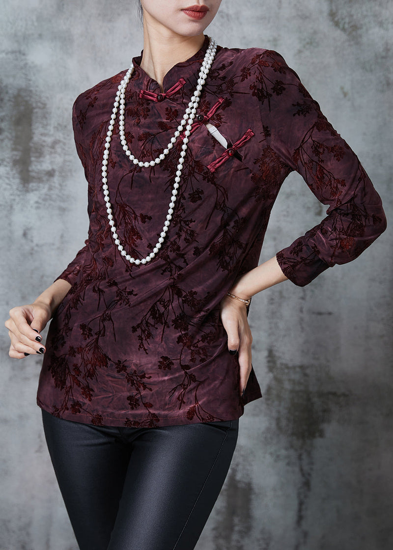 Dull Purple Mandarin Collar Jacquard Velour Oriental Tops Fall