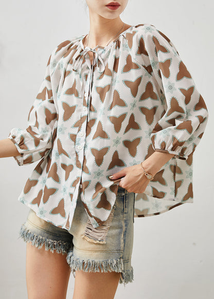 Oversized Print Lace Up Cotton Blouse Tops Summer