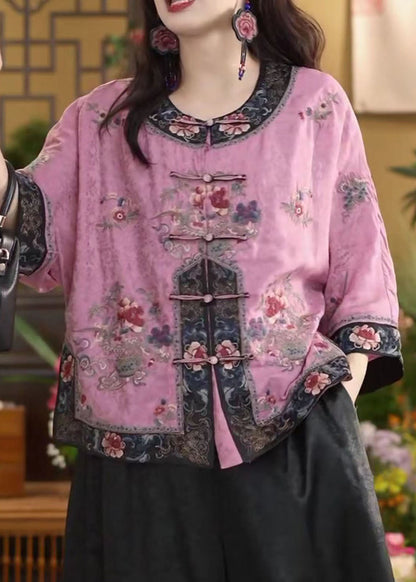 Chinese Style Pink O-neck Oriental Button Cotton Shirt Tops Summer