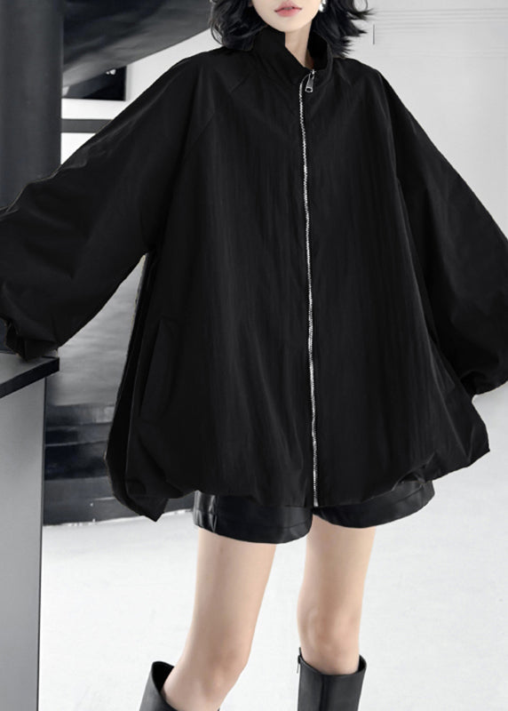 Black Stand Collar Pockets Trench Coats Lantern Sleeve