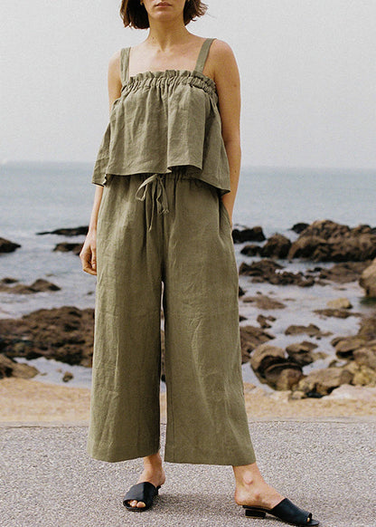 Unique Green Ruffled Linen Strap Top Sleeveless
