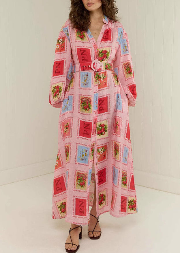 Red Stand Collar Print Slim Maxi Dresses Fall
