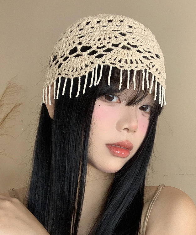 Beige Tassel Hollow Out Knit Boonie Hat